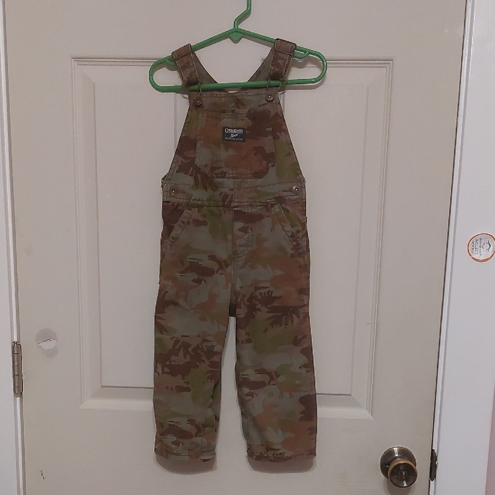 OshKosh B'Gosh Dinosaur Camo Print Carpenter Style Denim Bib Overalls Size 24M
